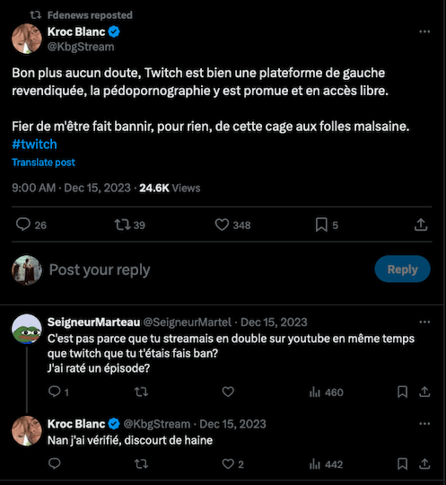 En plus d’être sur-productif sur YouTube, Kroc blanc est omniprésent sur Twitter-X avec plus de 20.000 followers. Il a tenté l’aventure sur Twitch mais s’en est fait bannir pour « discours de haine »