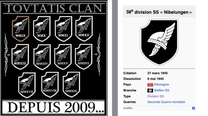 Le Toutatis clan est un groupuscule d'extrême droite local qui a multiplié les références à l’imagerie nazie. L’un des symboles du groupe était trait pour trait le même que l’insigne de la 38e division SS « Nibelungen »