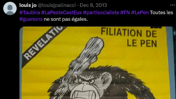 Sur un autre compte Twitter qui lui appartient via son mail, @louisjpalinacci, Louis-Joseph Pecher publiait cette fois le 6 décembre 2013 : « #Taubira #LaPesteCestEux #partisocialiste #FN #LePen Toutes les #guenons ne sont pas égales. 