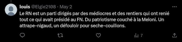 Le 2 mai dernier, Louis-Joseph Pecher éructait contre le Rassemblement national sur son compte Twitter, où il utilise un pseudo.
