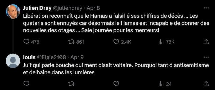 Le 9 avril, Louis-Joseph Pecher répond à un tweet de Julien Dray : « Juif qui parle bouche qui ment disait Voltaire. Pourquoi tant d’antisémitisme et de haine dans les Lumières. 