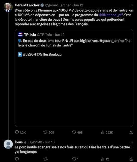 Le candidat de Ciotti et du RN a même ciblé et menacé le président du Sénat Gérard Larcher. Le 13 juin dernier, il l'a traité de « porc inutile et engraissé à nos frais », qui « aurait dû faire les frais d’une battue ».
