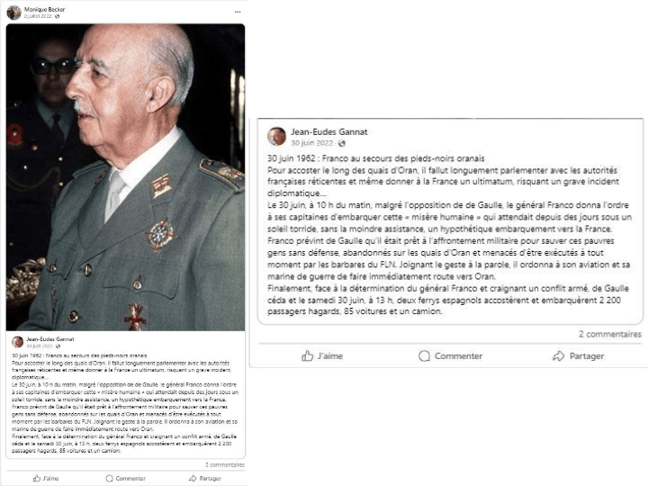 Ici, Monique Becker partage un post de Jean-Eudes Gannat, leader violent du groupuscule national-catholique dissout l’Alvarium, qui fait l’éloge du dictateur espagnol Franco et de son action « au secours des pieds-noirs oranais » en juin 1962