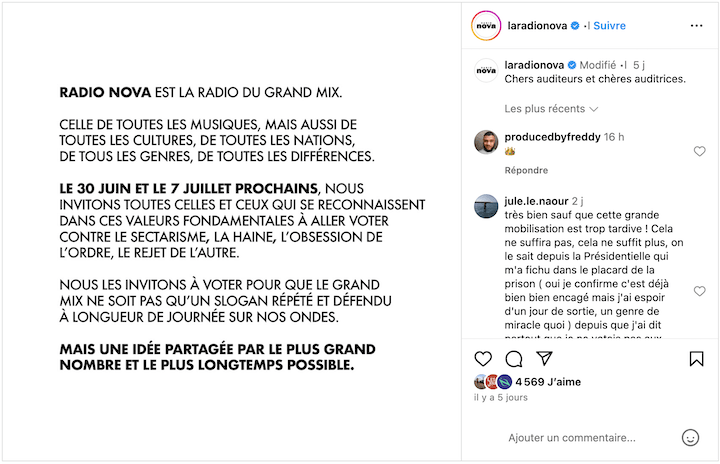 Jeudi 20 juin. Radio Nova poste sur ses réseaux un appel à « aller voter contre le sectarisme, la haine, l’obsession de l’ordre et le rejet de l’autre »