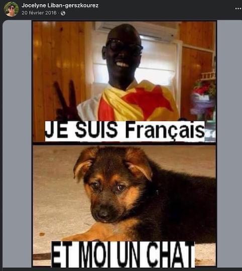 En février 2016, Josseline Liban a reposté un montage qui opposait un homme noir et un chien. Le premier dit : « Je suis Français », et le canidé répond : « Et moi un chat. » Pour elle, les personnes noires ne pourraient pas être Françaises ?