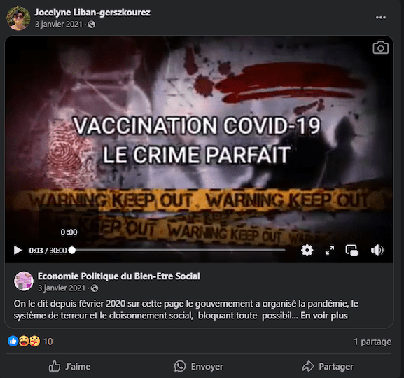 Sur son compte Facebook, Josseline Liban s’illustre également par son penchant pour les contenus complotistes. Pendant la crise du Covid-19, elle partage à ses abonnés des vidéos aux théories aussi alarmistes que farfelues.