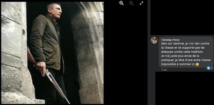 En 2019, il publie une image de Daniel Craig, fusil en main, tirée du film Skyfall. En commentaire, il écrit : « Je n’ai rien contre la chasse et ne supporte pas les attaques contre cette tradition. Je n’ai juste plus envie de la pratiquer, je rêve d’une autre chasse impossible à nommer ici. »