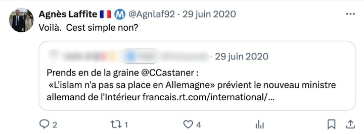 Agnès Laffite développe régulièrement son obsession pour l’islam
