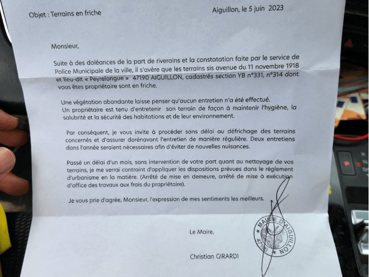 Un des nombreux courriers de la mairie d’Aiguillon (47) reçu par Sami Jabel