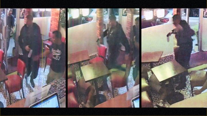 Sur la vidéo, on voit le policier Adrien S. débouler en trombe dans le commerce et donner un grand coup de pied dans le ventre de Maati. Le geste, violent et immédiat, a choqué à l'audience