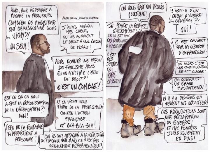 Maître Delinde, habitué de la défense des groupuscules d’extrême droite, et proche du Rassemblement national, demande la relaxe pour ses neuf clients.