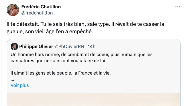 Ça barde sur les hommages entre Frédéric Chatillon, proche de Marine Le Pen, et Philippe Olivier, mari de Marie-Caroline Le Pen et ancien sécessionniste du MNR.
