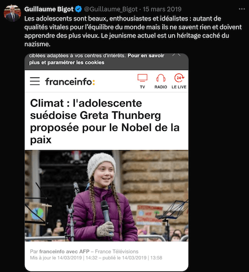 Côté écologie, Bigot enchaîne les tweets sur Greta Thunberg qu’il qualifie de « Chucky du CO2 ». En 2019, il assimile également « le jeunisme » à « un héritage caché du nazisme »
