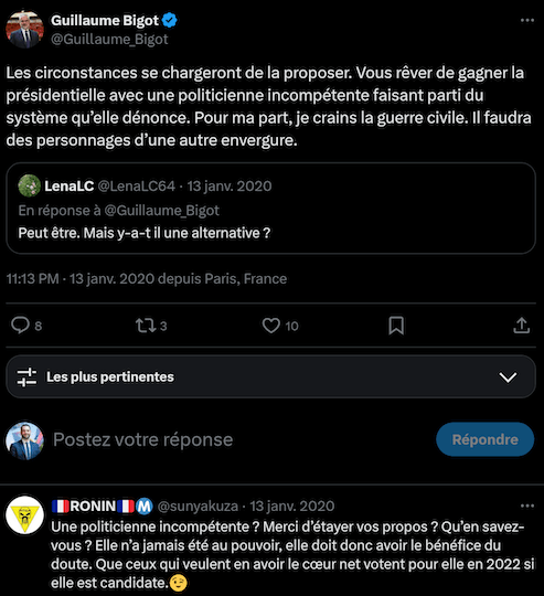 Selon Guillaume Bigot, Marine Le Pen serait « une politicienne incompétente faisant partie du système qu'elle dénonce ». Les propos étaient toujours en ligne le 15 janvier mais ils ont été supprimés le 16 au matin