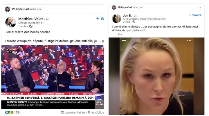 Le PDG fait des petits likes aux eurodéputés d’extrême droite Marion Maréchal Le Pen et Mathieu Valet