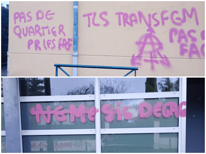 Le 23 janvier, à Toulouse, le groupuscule fémo-nationaliste Némésis devait organiser une conférence dans une salle municipale. La gauche locale et des organisations antifascistes se sont mobilisées et un mur extérieur du lieu a été tagué.