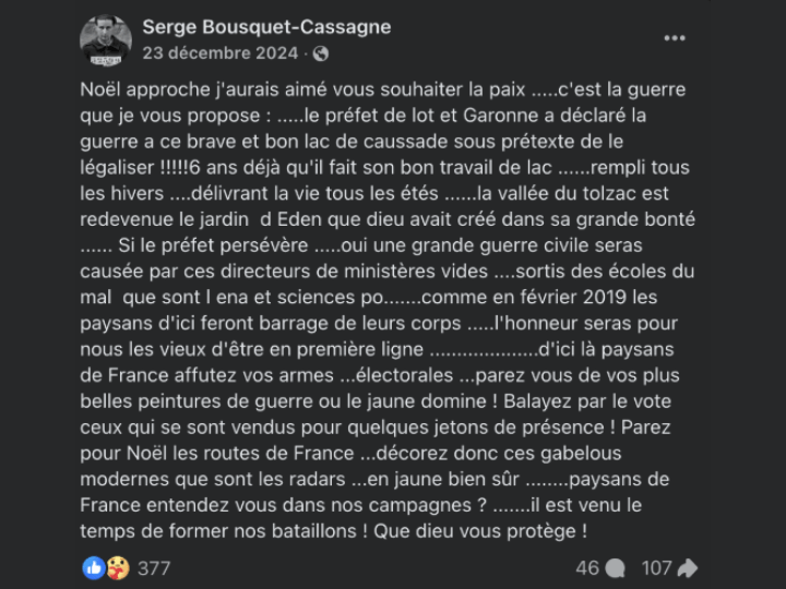 Pour une histoire de lac artificiel, pour lequel il a été condamné, « Bousquet-Castagne » peut promettre « la guerre » contre le préfet du département sur Facebook