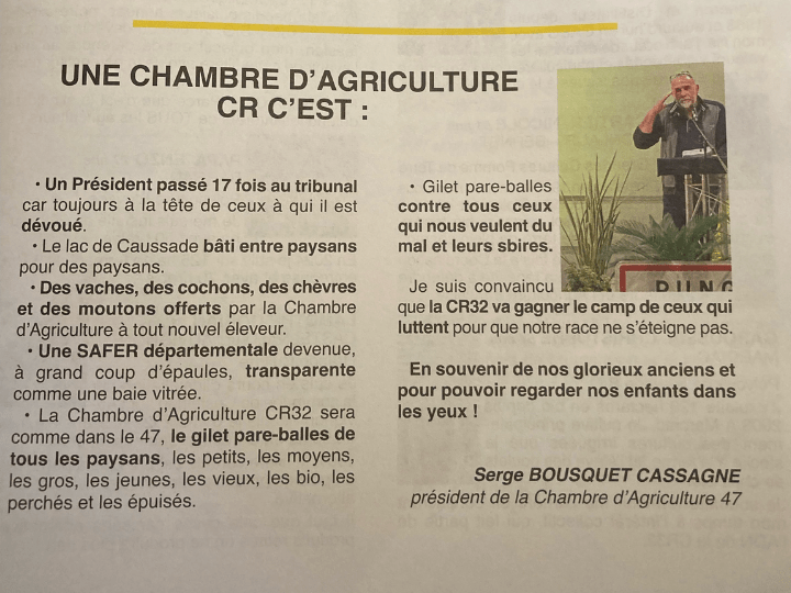 Dans ses tracts de la Coordination rurale, Serge Bousquet-Cassagne se vante de ses 17 procès, dont beaucoup pour violences
