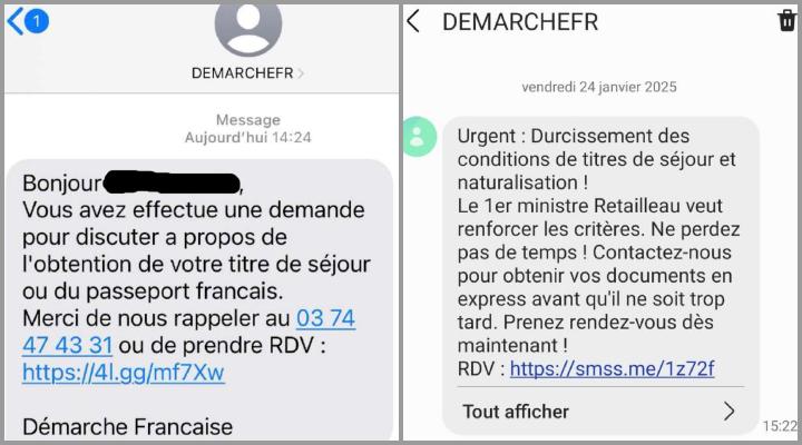 Certaines de ces entreprises démarchent aussi par texto pour inciter à la prise de rendez-vous. Des SMS non-sollicités ont été reçus par des personnes qui affirment ne pas avoir confié leurs coordonnées personnelles à l’entreprise. D’autres s’emparent de l’actualité comme la circulaire Retailleau, en tordant la réalité des faits.