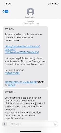 Capture d'écran d'échanges avec Legal-protection, tirée du téléphone d'une des victimes. La société entretient le flou sur sa position dans les institutions et parle de « service préfectoral »