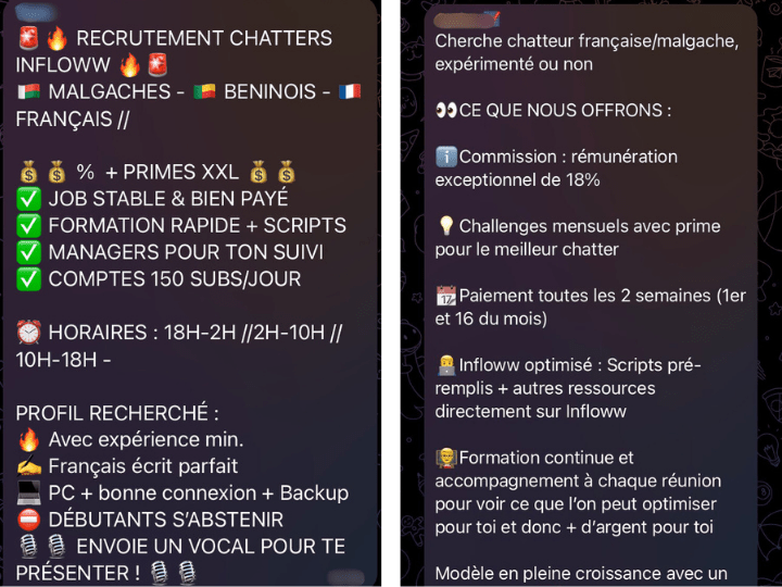 Captures d'écran tirées de groupes Telegram dédiés au management OFM