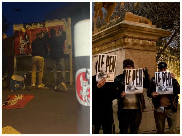En 2024, Stanislas Laugier (à gauche) participe à un collage qui appelle à participer à la manifestation néofasciste du 9 mai à Paris, où des centaines de militants d'extrême droite défile chaque année. L'année suivante, il est présent (deuxième en partant de la droite) à un hommage de la Ligue à Jean-Marie Le Pen