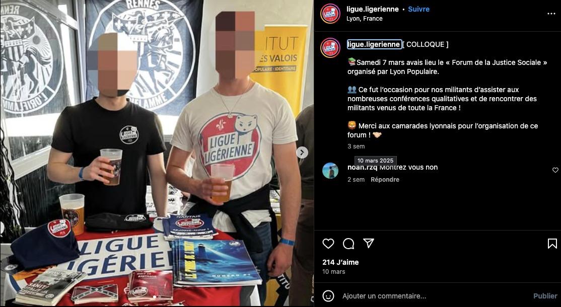 La Ligue a eu son stand au « forum de la justice sociale » organisé le 8 mars dernier par le groupe néofasciste Lyon populaire, mené par le militant néonazi antisémite et violent Eliot Bertin