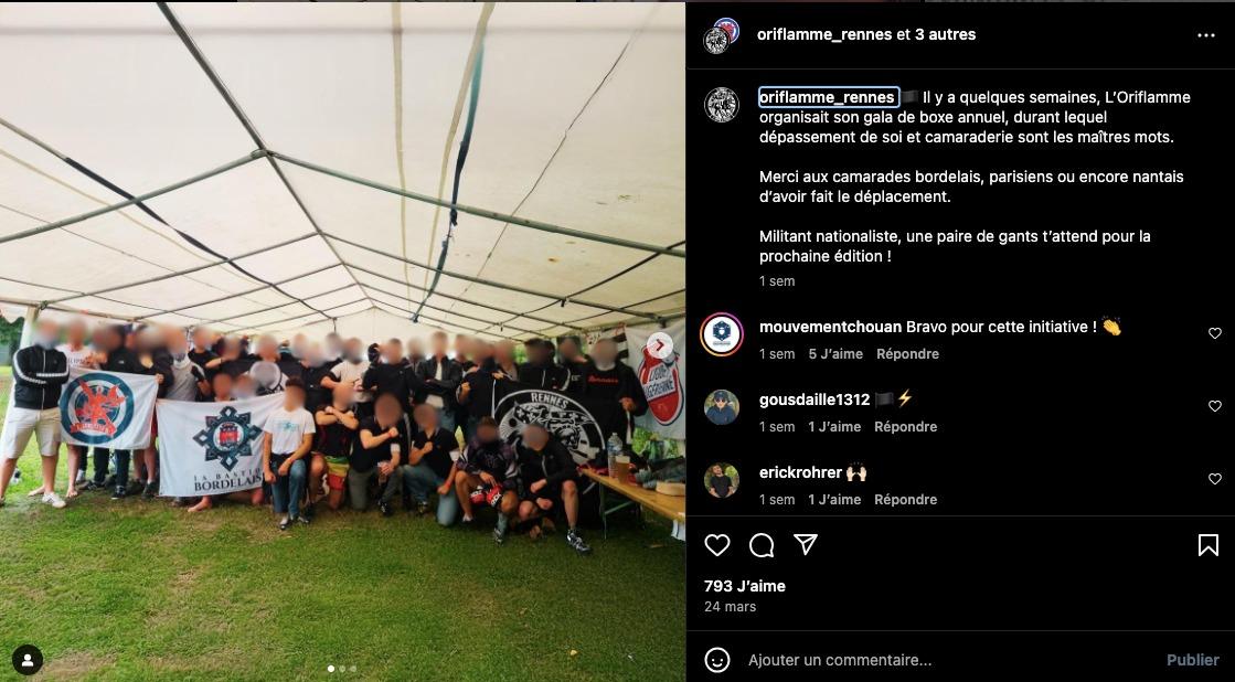 Le 24 mars dernier, la Ligue de Stanislas Laugier était aussi présente au gala de boxe de l’Oriflamme de Rennes, un groupe néofasciste violent, aux côtés des mouvements similaires Luminis Paris ou de la Bastide bordelaise