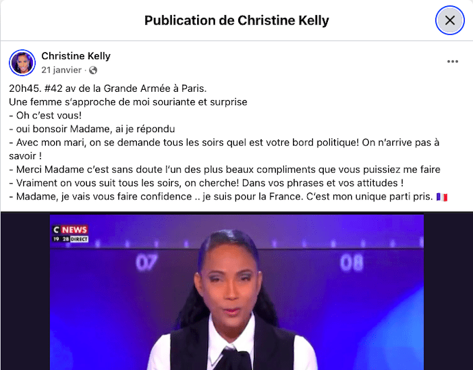 Pendant des années, Christine Kelly a été proche de la droite traditionnelle. Elle a ensuite été une amie d’Éric Zemmour, qui l'aurait nommé ministre de la Famille s'il n'avait pas fait 7%. Elle aime pourtant se présenter comme une femme impartiale, dont on ne pourrait connaître l’orientation politique