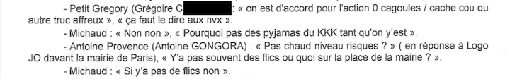 Sur une conversation Telegram, Antoine Gongora, Benjamin Pamiseux, Grégoire C., Gwereg L.T. et Martin Escard s’organisent pour le jour J
