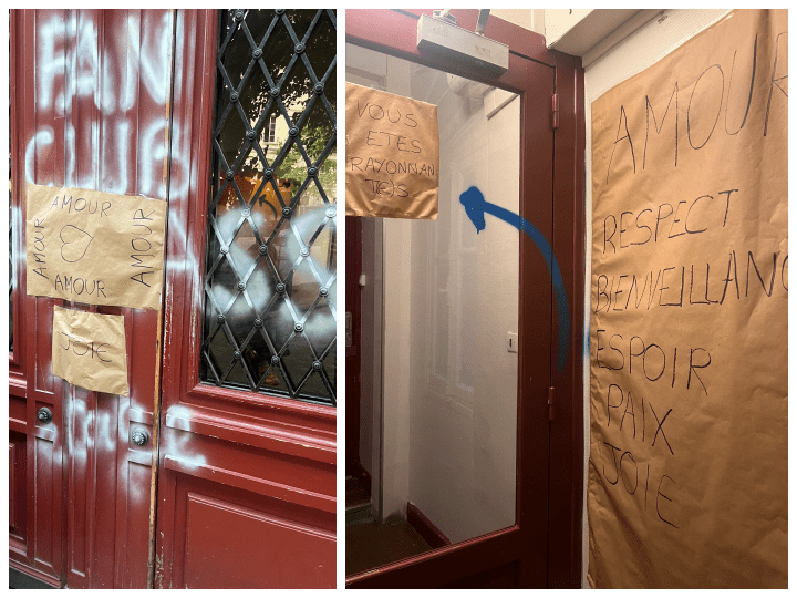 Quand la résidence de Laetitia est frappée d’un nouveau tag contre l’appartement, les voisins manifestent leur soutien en recouvrant les tags avec du papier cadeau, et en inscrivant des messages de solidarité.
