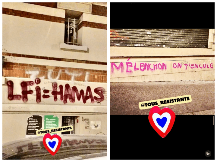 Sur son compte, Tous résistants met en avant les façades vandalisées, les murs tagués de slogans tels que « Merci Israël », « Fuck Gaza », « ONU = Hamas », ou encore « Mélenchon, on t’encule » et « LFI = Hamas »
