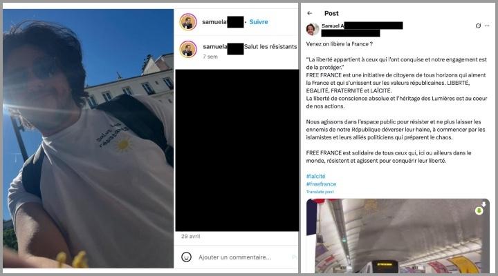 Samuel A. relaie chaque jour sur Twitter-X des contenus issus aussi bien de l’extrême-droite israélienne que de l’écosystème patriote. Il se présente également comme un « résistant » et promeut Free France sur les réseaux.