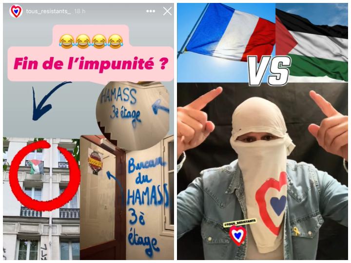 Les tags sont revendiqués par le compte « Tous résistants », dont les vidéos montrent un homme masqué, enturbanné dans un t-shirt Free France