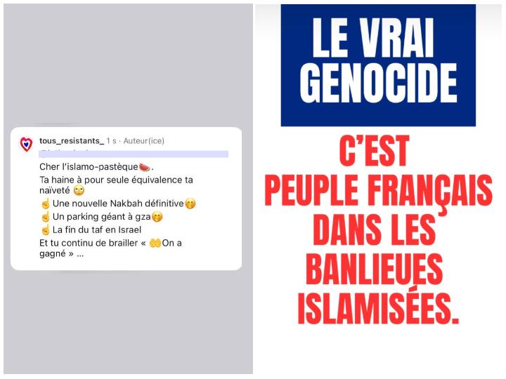 Le compte rejoint la position politique de l’extrême droite israélienne quand il appelle le 10 mai dans un commentaire Instagram à une « Nakba définitive ». Et celle de l'extrême droite identitaire française quand il parle en story Instagram de « génocide » pour le « peuple français dans les banlieues islamisées »