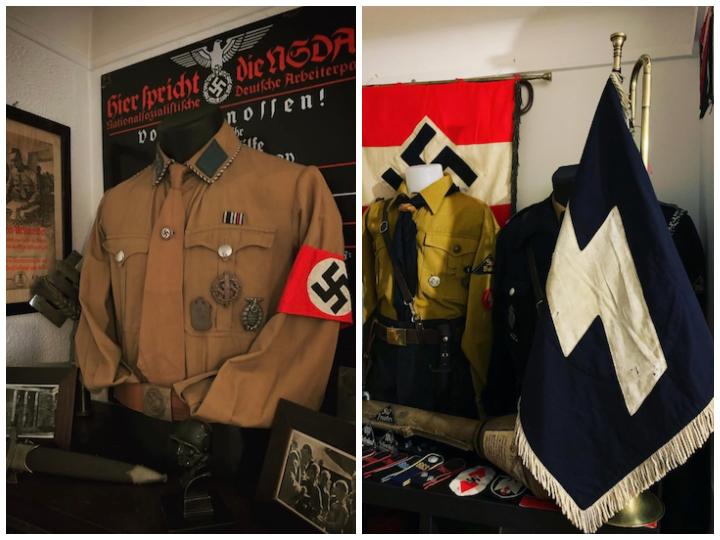 Son intérieur est un véritable musée fait de multiples bustes de mannequins revêtus d’uniformes de SA – les sections d’assaut du parti d’Adolf Hitler. Mais aussi des dagues, casquette, calot de la SS, et d’innombrables fanions, insignes, médailles en lien avec le IIIe Reich.