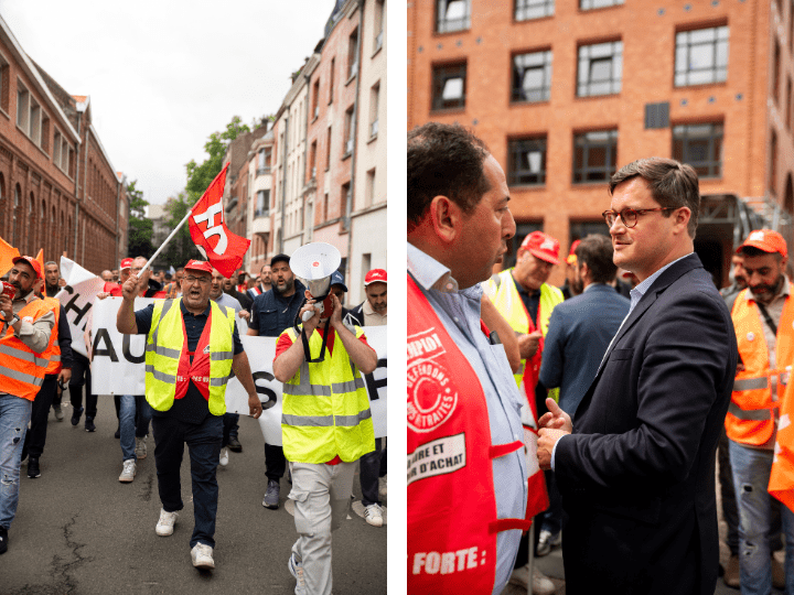 Les travailleurs licenciés d'Exide Technologies manifestent et Rachid Ljabli s'explique avec le nouvel édile de Lille, Arnaud Deslandes.
