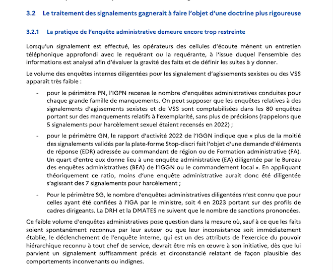 Selon le rapport, « le volume des enquêtes internes diligentées pour les signalements d'agissements sexistes ou es VSS apparaît très faible ».