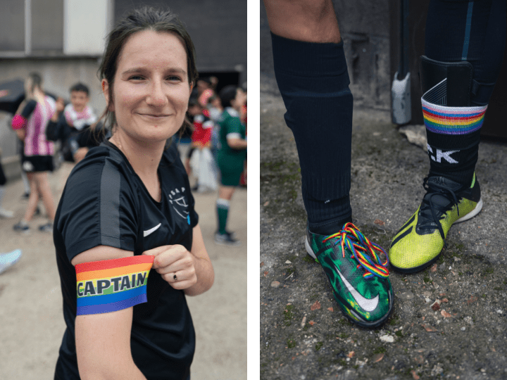 Les membres des équipes abordent tous et toutes des lacets arc-en-ciel et des brassards avec les couleurs du drapeau LGBTQIA+