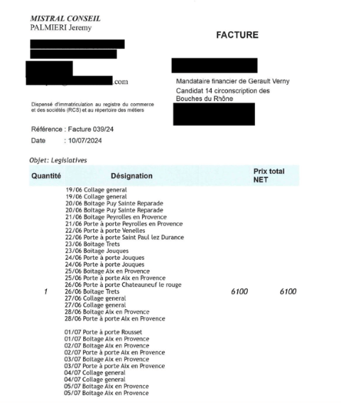 Si l'offre transmise parmi les militants parlait d'une prime à la victoire de 1.000 euros, la facture éditée dans les comptes de campagne n'en tient pas compte selon les calculs de StreetPress.