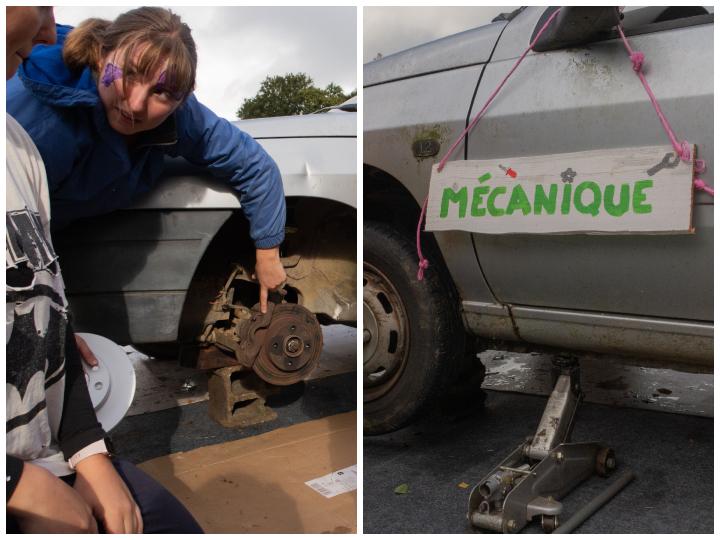 Au milieu du champ, un petit groupe de femmes accroupies dans l’herbe s’affaire à la réparation d’une vieille Renault Clio 1, pour apprendre à changer des plaquettes de frein ou un disque. « Je n’ai pas été éduquée à faire ça », raconte une participante de 23 ans