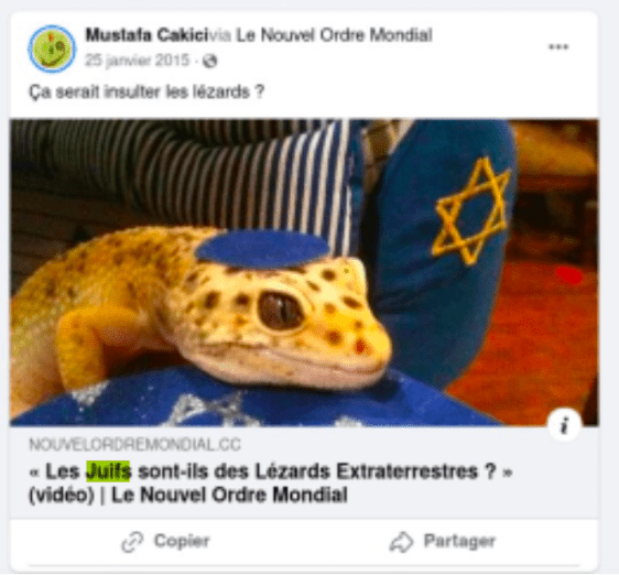 En janvier 2015, l'obsession antisémite de Cakici bat son plein quand il partage un article d’un site complotiste titré : « Les juifs sont-ils des lézards extraterrestres ? » « Ça serait insulter les lézards ? », répond-il. 