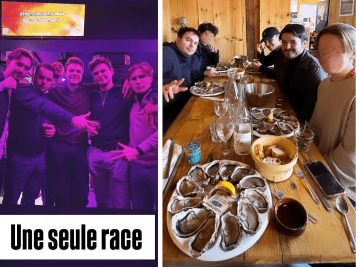 Sur la photo dans ce restaurant d'Arcachon, le responsable national de l'UNI, Mathis Gachon (au centre, sur la rangée de droite) est « copain » avec celui qui porte une casquette (à droite) Thomas R., un cadre de l'UNI Reims. Il traîne avec Hugo C. (au centre, sur la rangée de gauche), militant néofasciste violent, qui fait un salut de Kühnen sur ce cliché