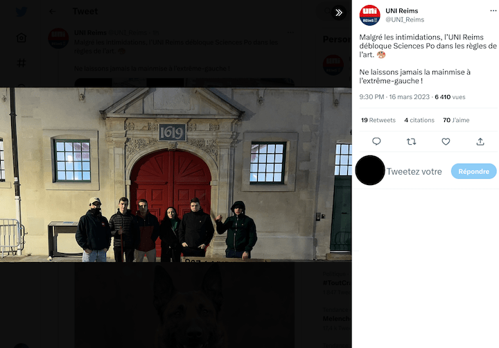 En 2023, l'UNI s'est vanté du « déblocage » de Science Po Reims. Dans l’escouade nocturne du syndicat se trouve Thomas R. mais également le militant violent Hugo C., membre de Remes Patriam et des hooligans MesOs.