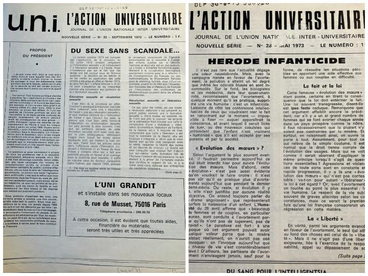 En 1973, dans les colonnes de son magazine, l'UNI milite contre le droit à l'avortement et contre l'éducation sexuelle.