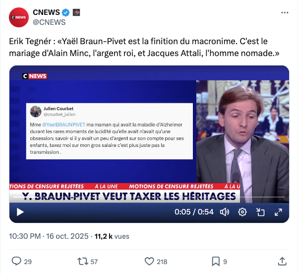 Ce mercredi 22 octobre, l'extrait vidéo n'apparaissait plus sur le compte X de la chaîne