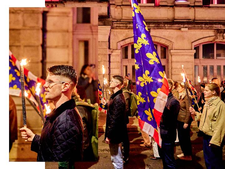 Alignés en rangs de quatre, les dizaines de militants d’extrême droite se tiennent prêts à marcher au pas dans les ruelles du Vieux-Tours