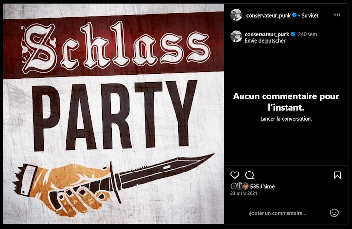 En mars 2021, le compte publie une photo de poignard avec la légende : « Envie de putscher. 