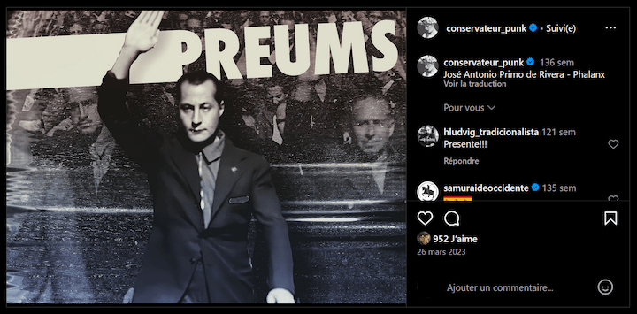 Sur son compte, celui qui est désormais attaché parlementaire RN rend hommage au fondateur de la Phalange espagnole.