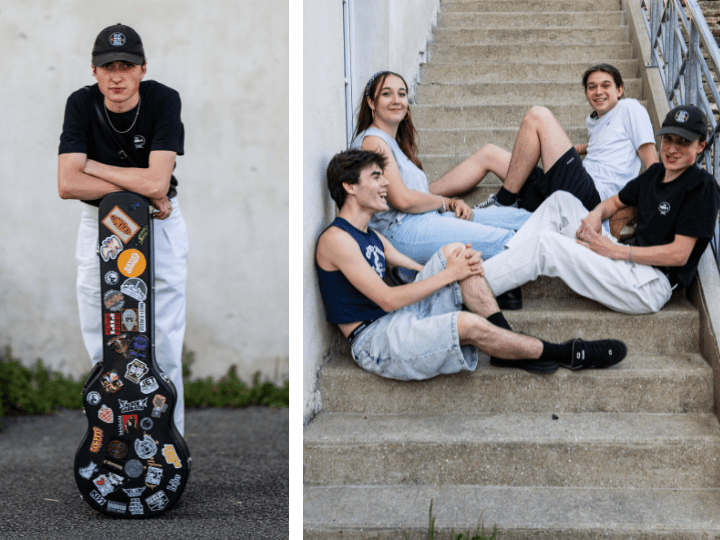 Le groupe Broken Wall, composé de Marceau (en bas à gauche), Lusian (en bas à droite), Yann (en haut à droite), est né à l'été 2023 dans les locaux de la MJC. Un an plus tard, Lola les rejoint au chant.